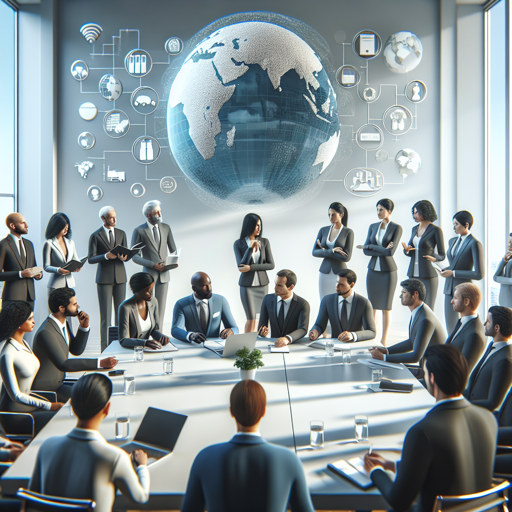A modern office environment showcasing a collaborative meeting between procurement teams and suppliers discussing strategic sourcing strategies