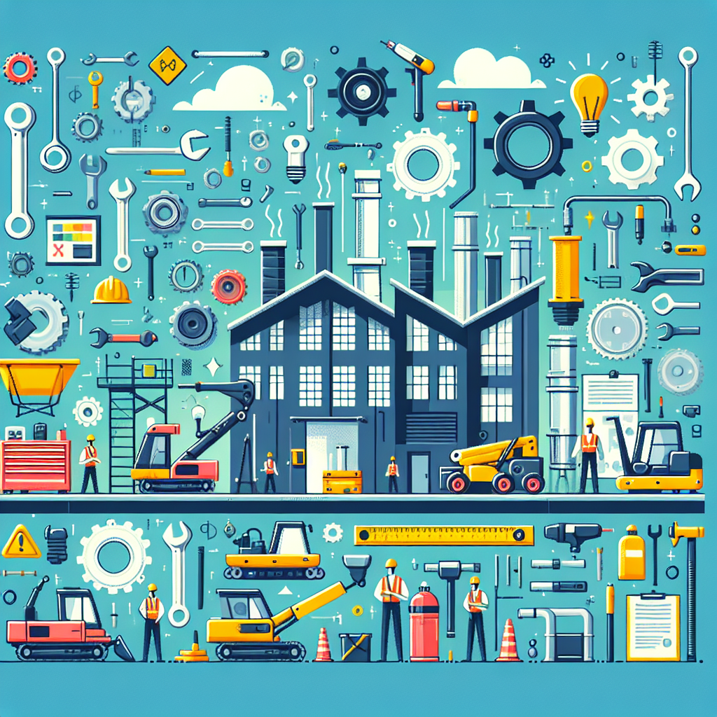 A vibrant illustration showing various <a href='https://hubzonedepot.com/mro-meaning-guide-maintenance-repair-operations/'>MRO products</a> like tools, spare parts, and safety equipment in an industrial setting