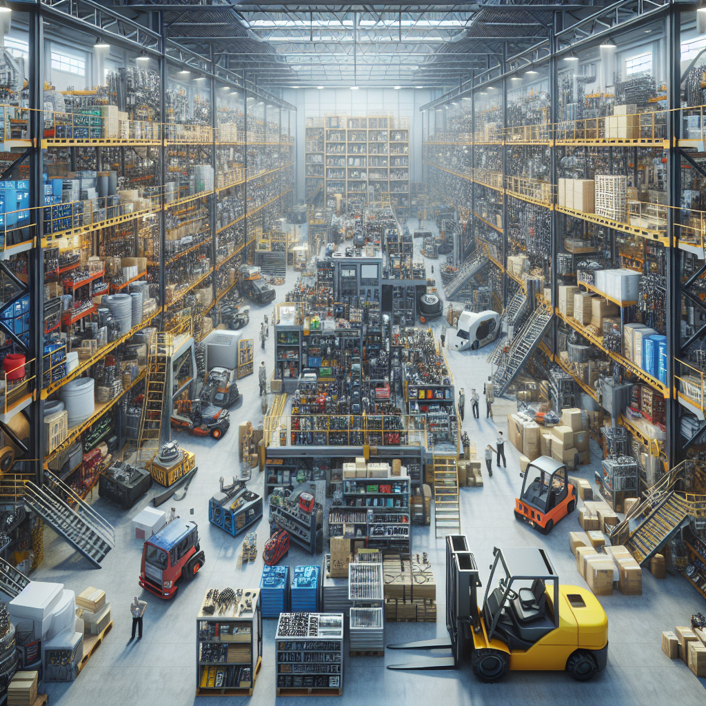 A bustling warehouse filled with various MRO supplies like tools, spare parts, and safety equipment