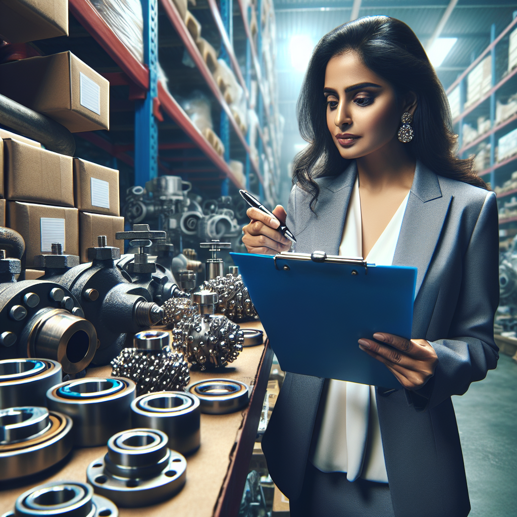 A business professional evaluating MRO suppliers with a checklist in hand, surrounded by various industrial supplies