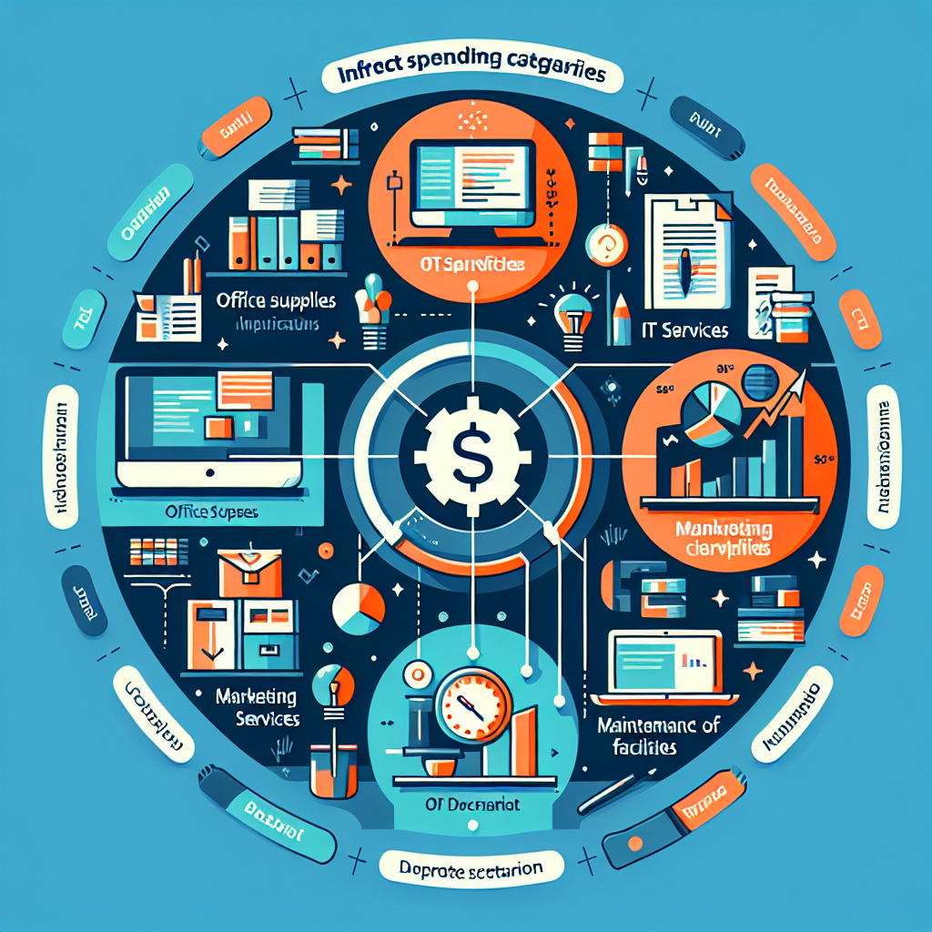 A dynamic infographic illustrating indirect spending categories in business with visual elements representing office supplies, IT services, marketing expenses, and facility maintenance