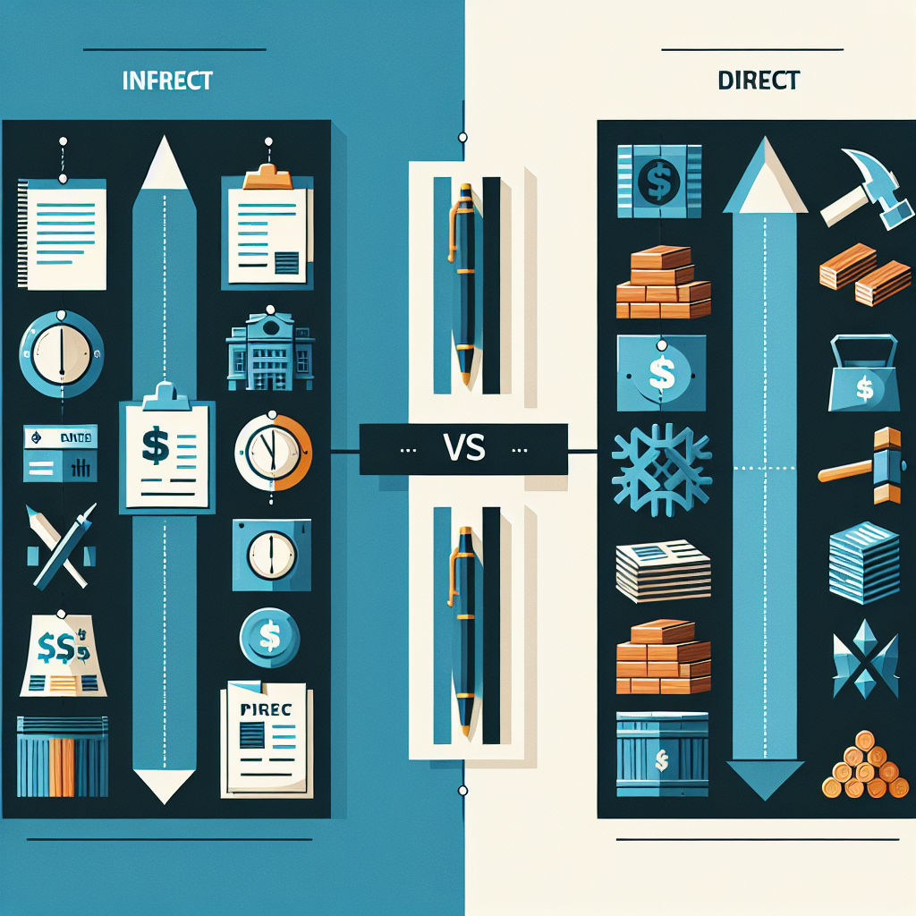 A visual representation of indirect spending versus direct spending in a business context, highlighting examples like office supplies and raw materials.