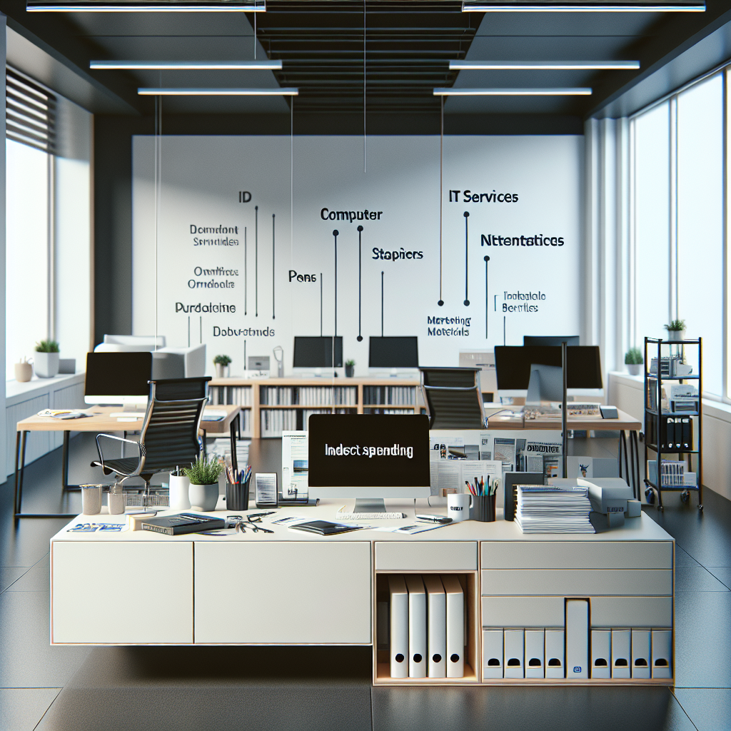 A modern office environment showcasing various indirect spending categories such as office supplies, IT services, and marketing materials