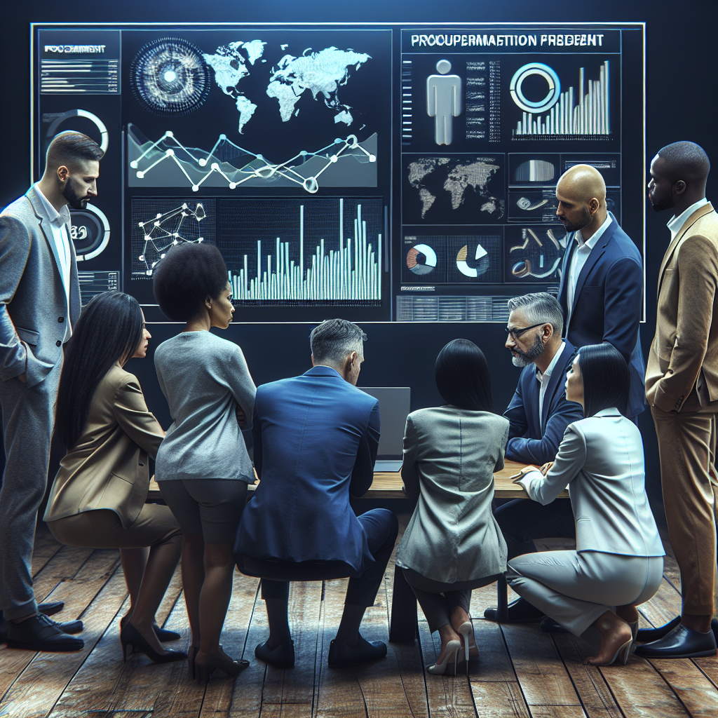 A business team analyzing procurement data on a large screen with charts and graphs
