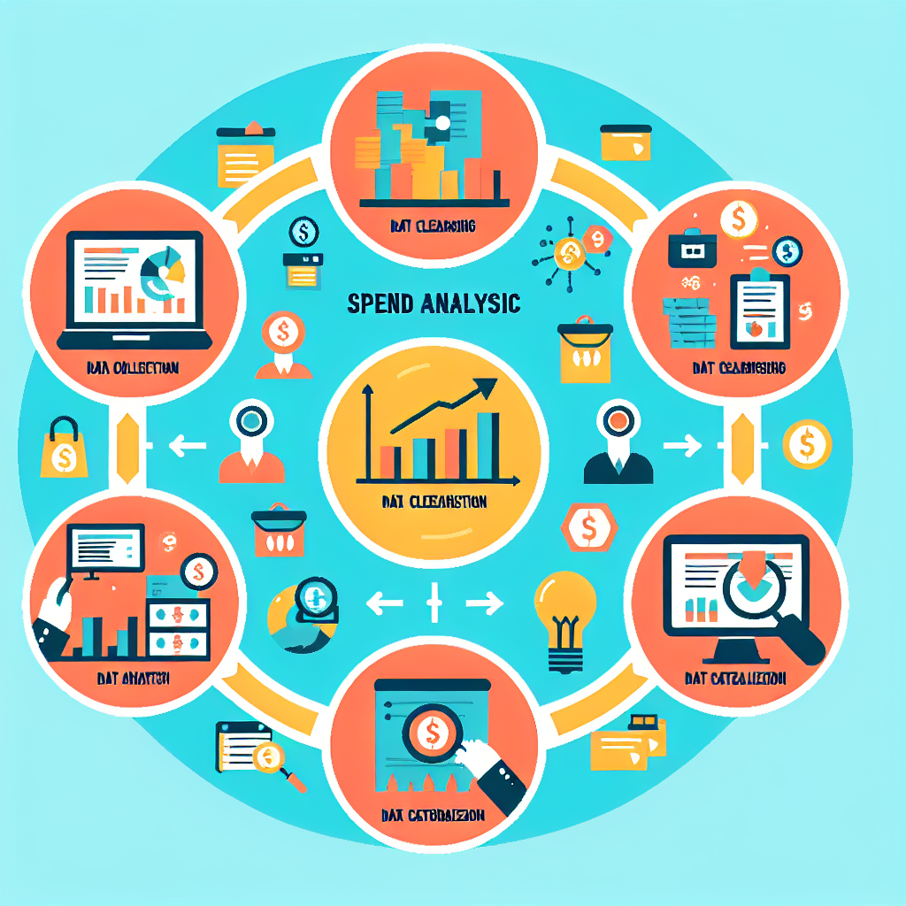 A vibrant infographic depicting the spend analysis process in procurement with icons representing data collection, cleansing, categorization, and analysis.