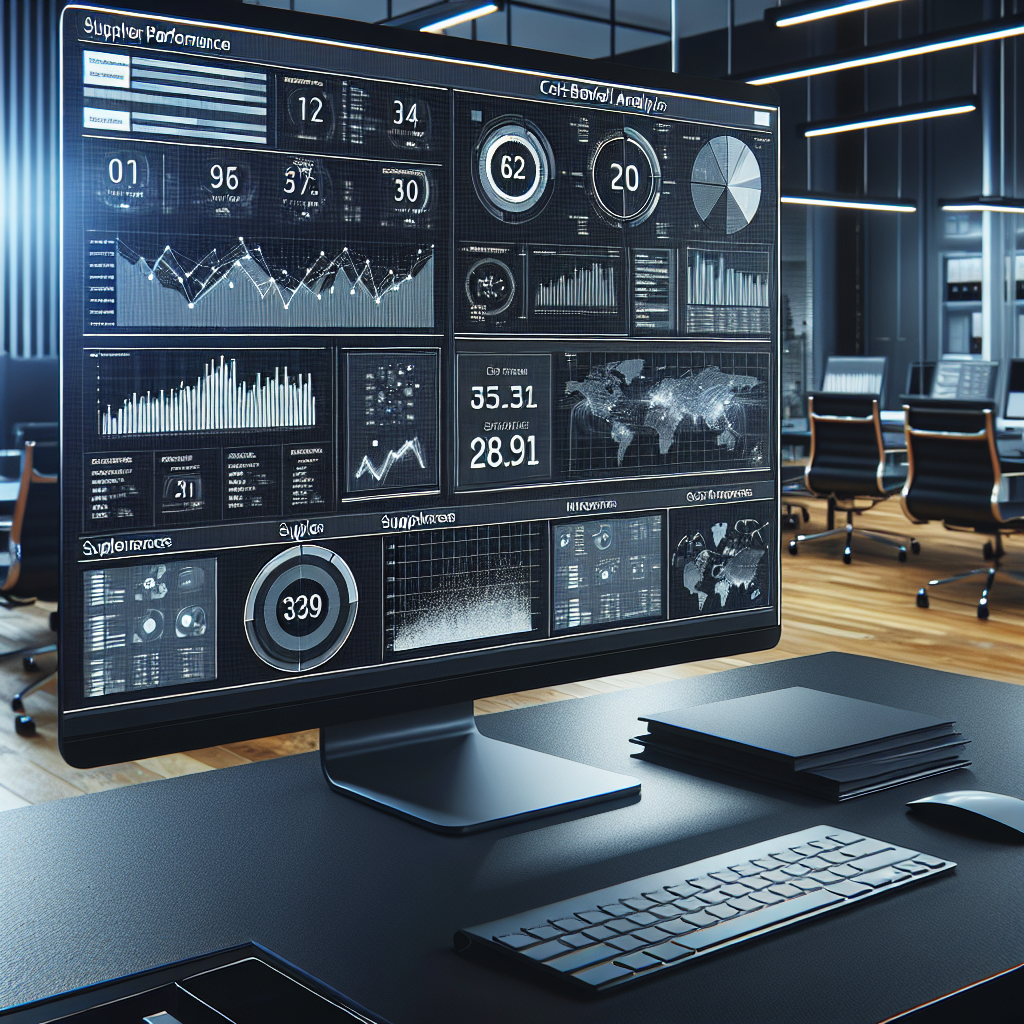 A dashboard displaying supplier performance metrics and cost-benefit analysis graphs in a modern office setting