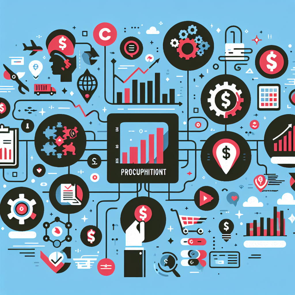 A dynamic illustration showing various aspects of procurement cost management, including charts, graphs, and icons representing savings strategies