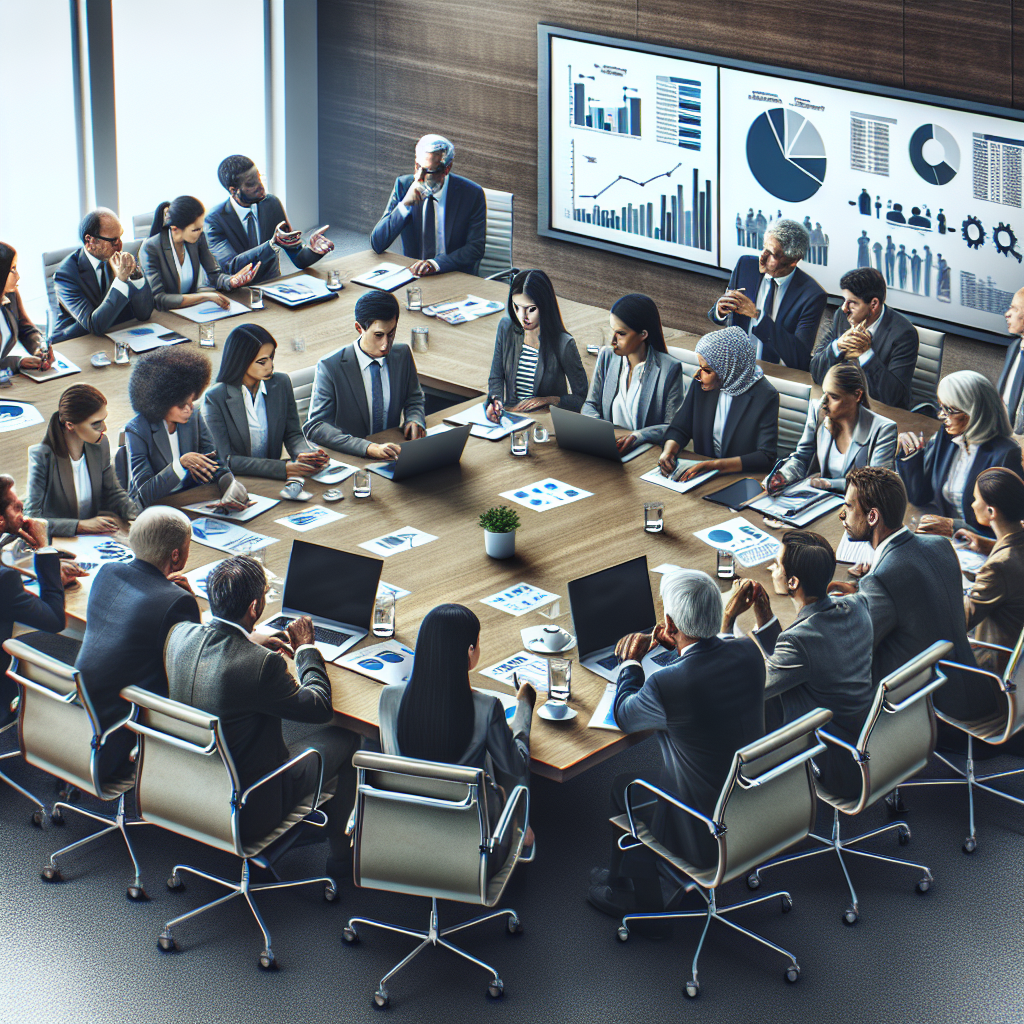 A dynamic meeting between procurement professionals and suppliers discussing cost-saving strategies, with charts and graphs on a screen