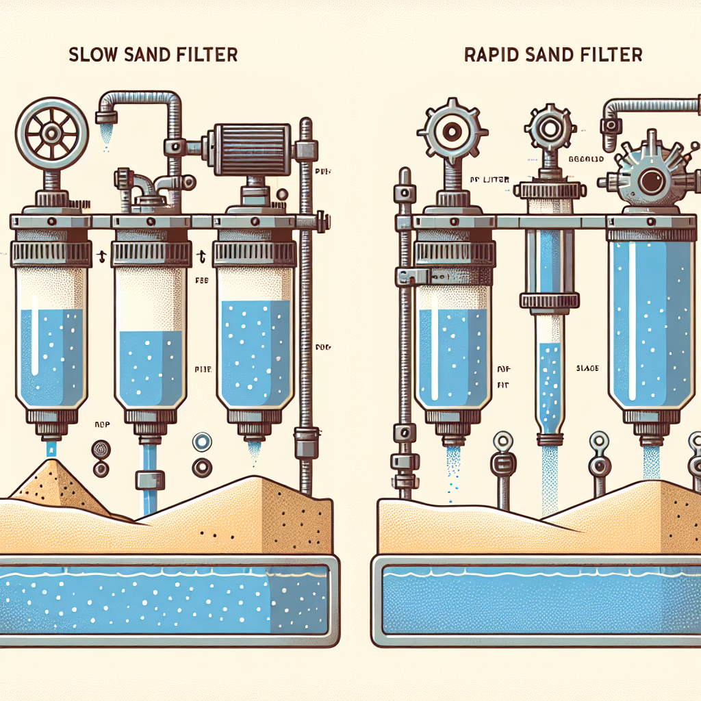 A detailed illustration comparing slow and rapid sand filters with labeled components