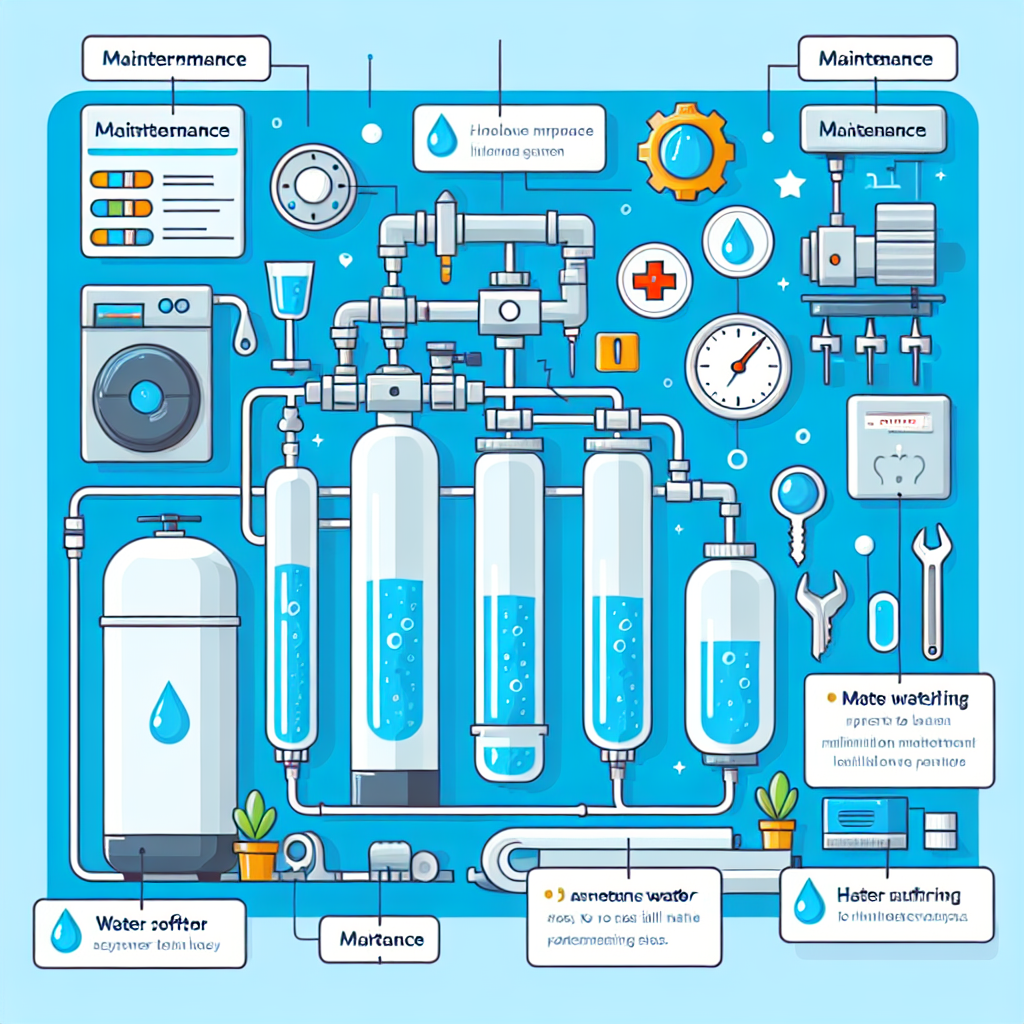 A detailed illustration showing different parts of a water softener system with labels, highlighting maintenance steps