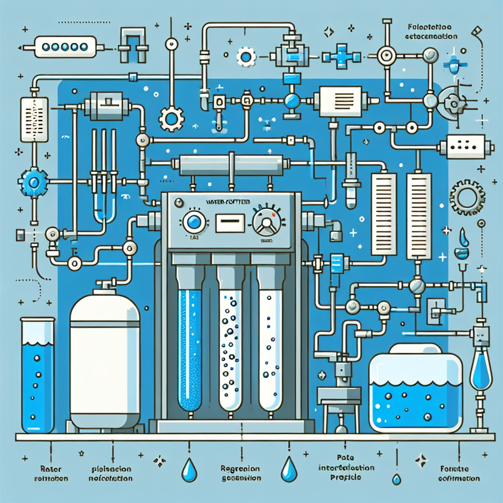 A detailed diagram showing the water softener regeneration process with labeled parts