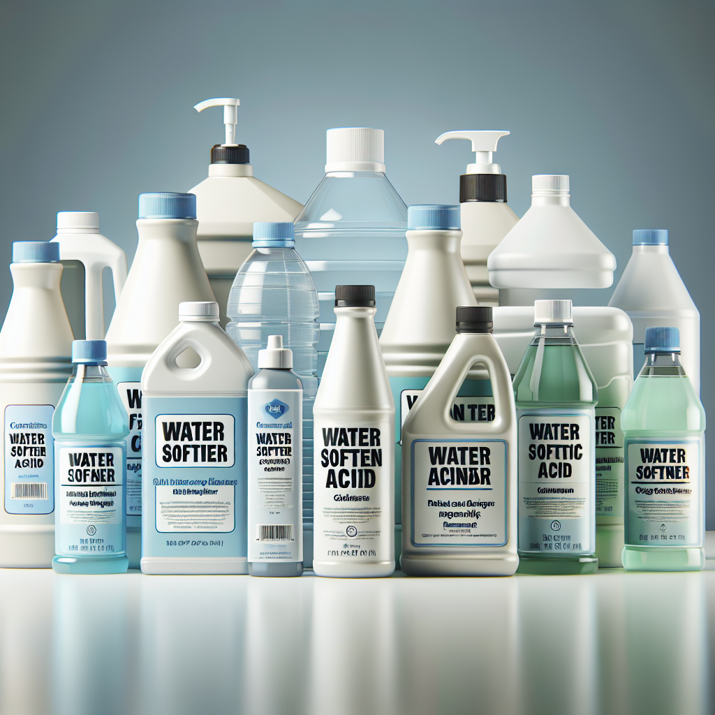 A visually appealing display of various water softener cleaners including citric acid, vinegar bottles, and commercial cleaners on a clean countertop