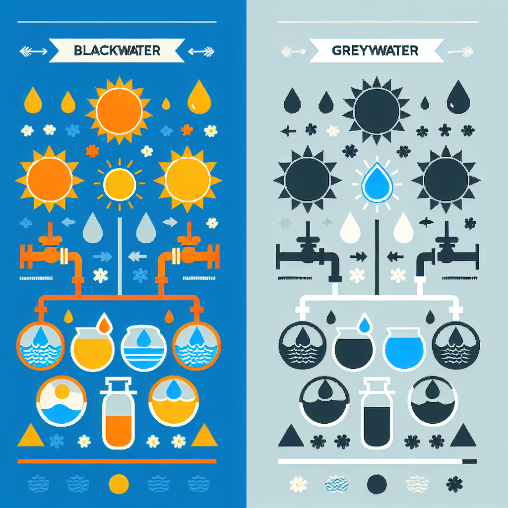 An infographic illustrating the differences between blackwater and greywater with icons representing each source