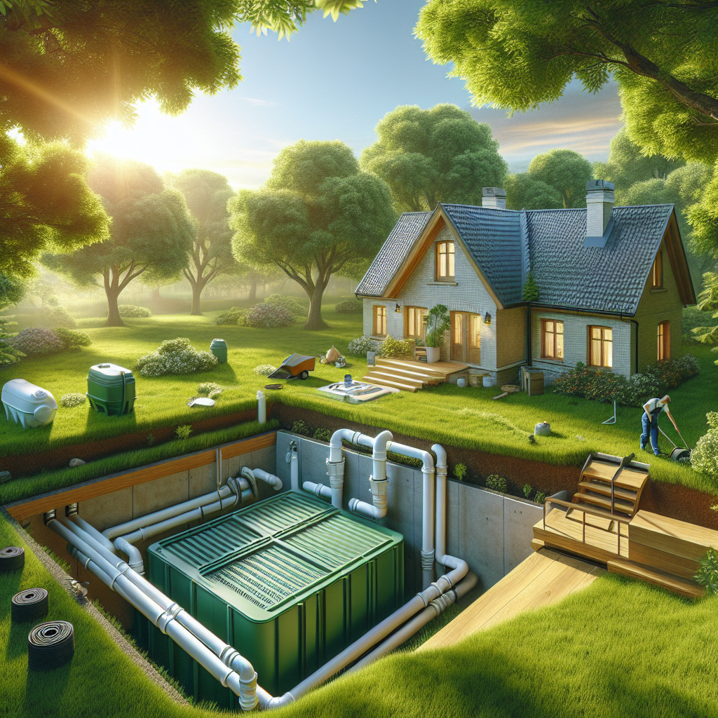 A modern eco-friendly septic system installation in a backyard with lush greenery