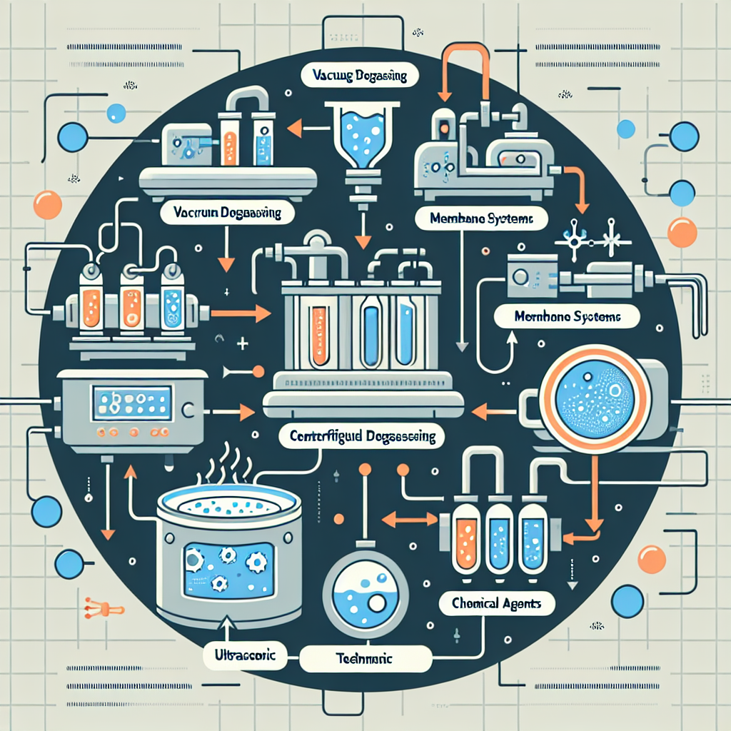 Illustration showing various degassing methods like vacuum degassing, centrifugal degasser technology, membrane systems, thermal methods, chemical agents, and ultrasonic techniques in an engaging infographic style