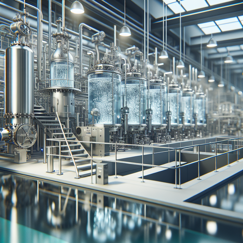 A modern wastewater treatment facility showcasing advanced degassing technology with vacuum pumps and clear liquid tanks