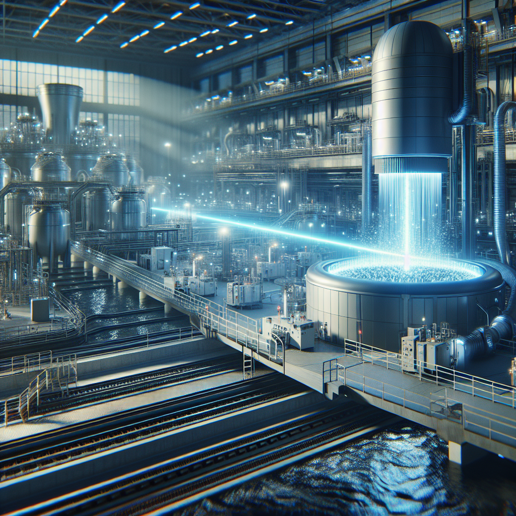 A futuristic electron beam irradiator in action at a wastewater treatment facility