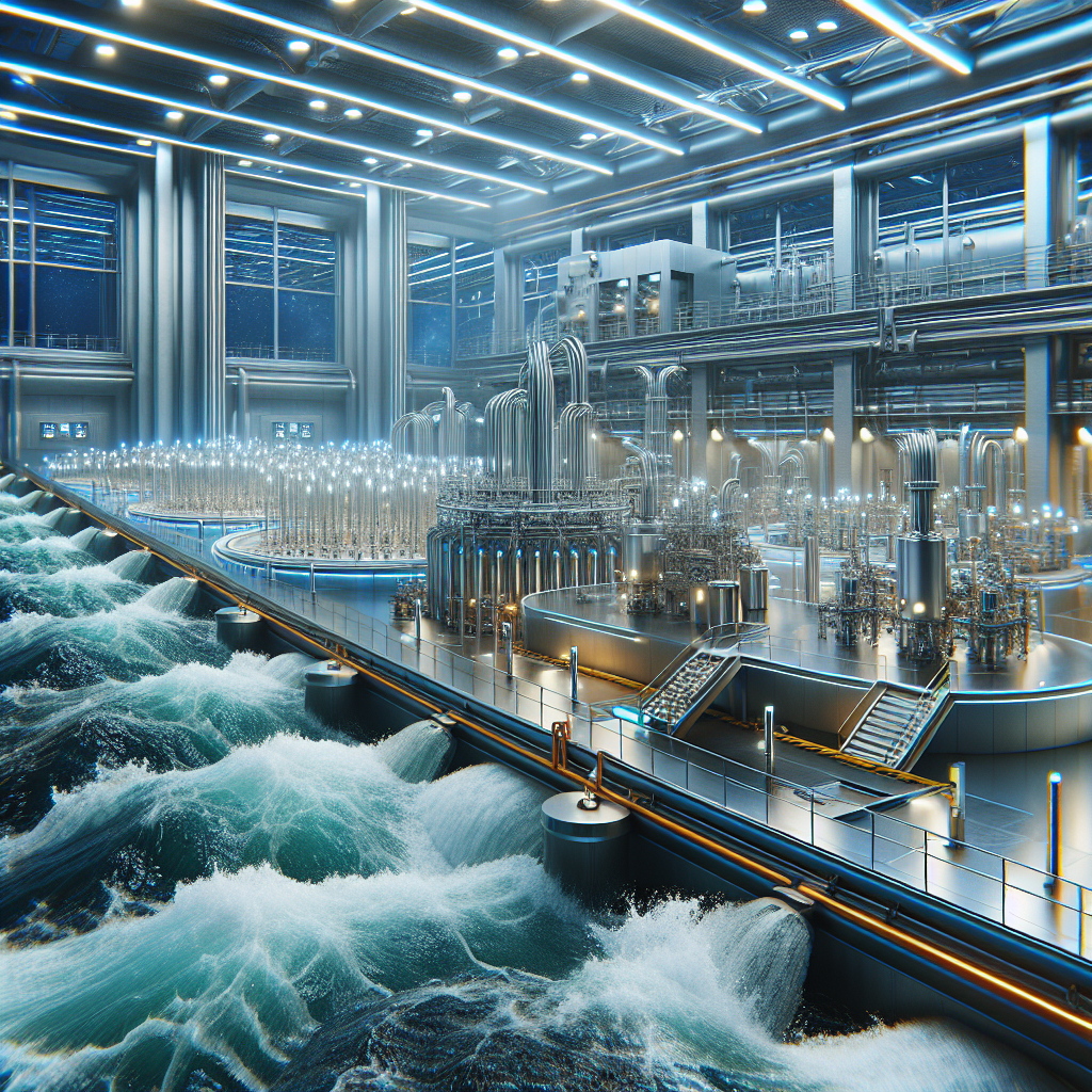 A modern wastewater treatment facility utilizing electron beam irradiation technology with high-energy electron beams visibly interacting with water