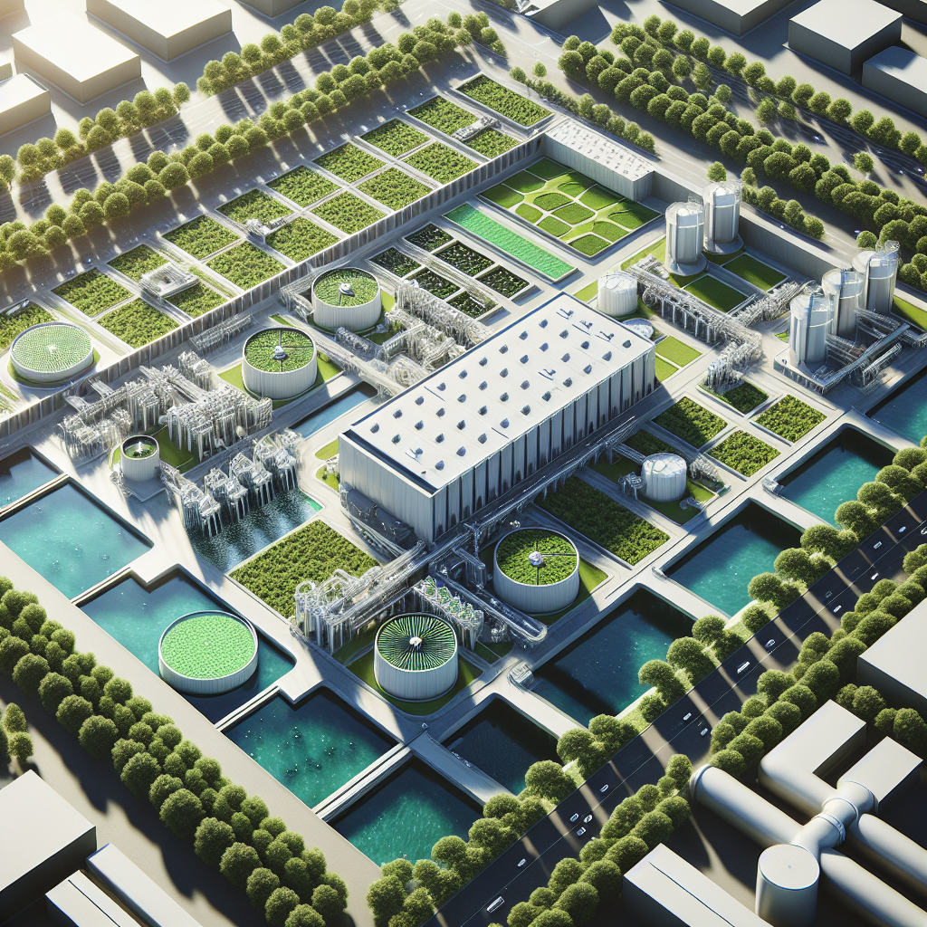 Aerial view of the Hyperion Water Treatment Facility showcasing advanced filtration systems and green spaces around it