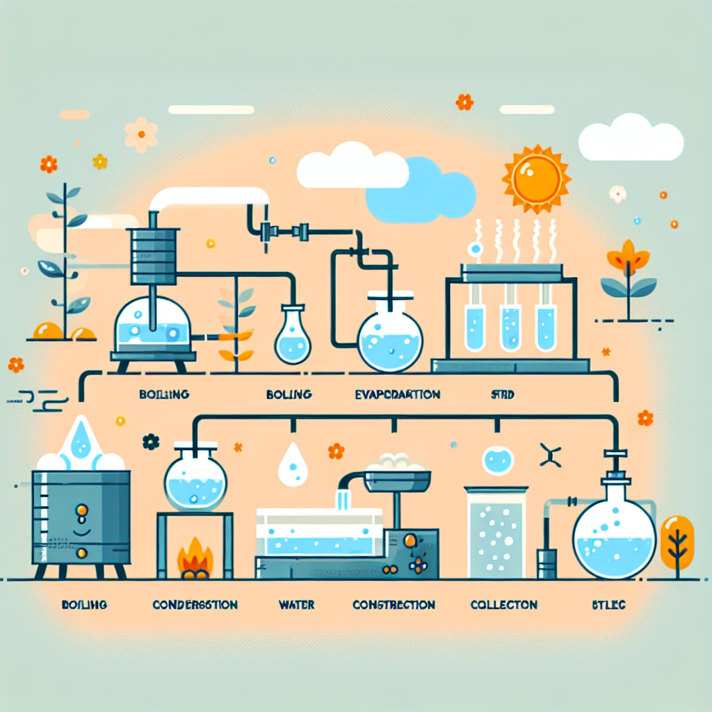 An infographic illustrating the process of water distillation with labeled steps including boiling, evaporation, condensation, and collection