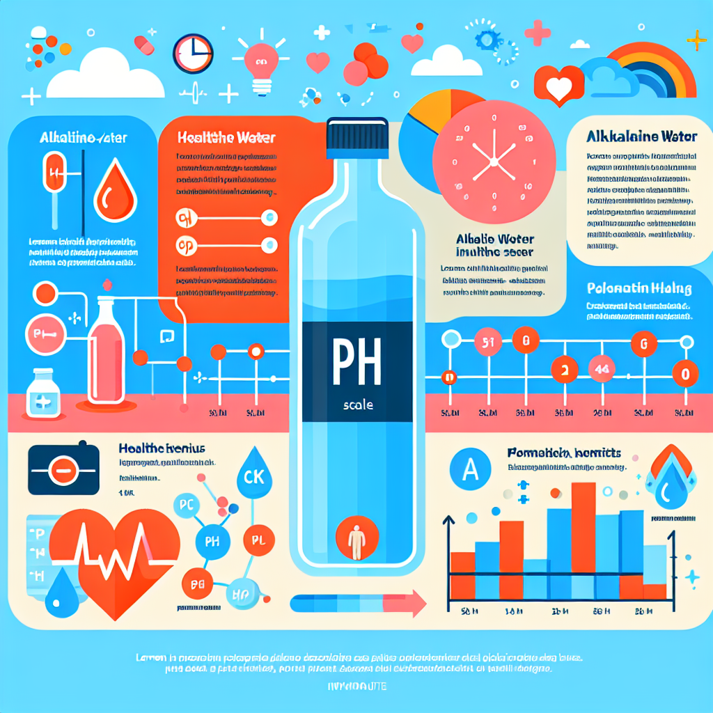 A vibrant infographic illustrating the benefits of alkaline water with visual elements like pH scale, health icons, and comparison charts