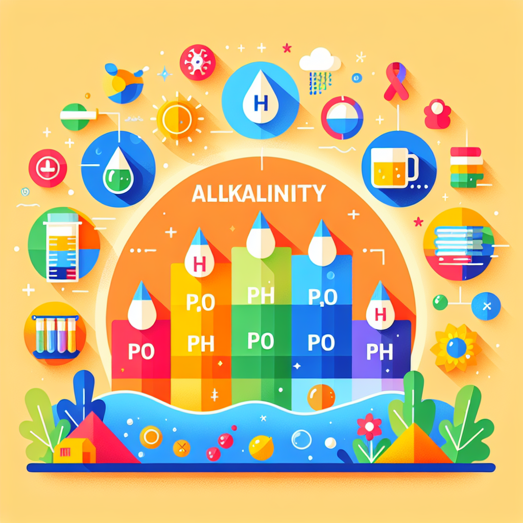 A visually appealing infographic illustrating alkalinity levels in water with colorful graphs and icons representing healthy pH levels