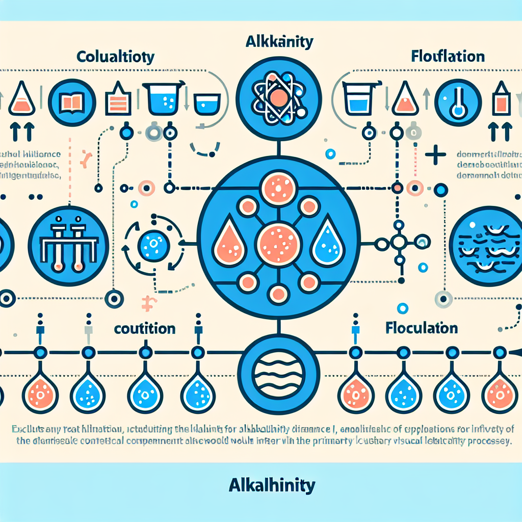 A diagram illustrating the role of alkalinity in water treatment processes with icons representing pH balance, coagulation, flocculation, and microbial activity
