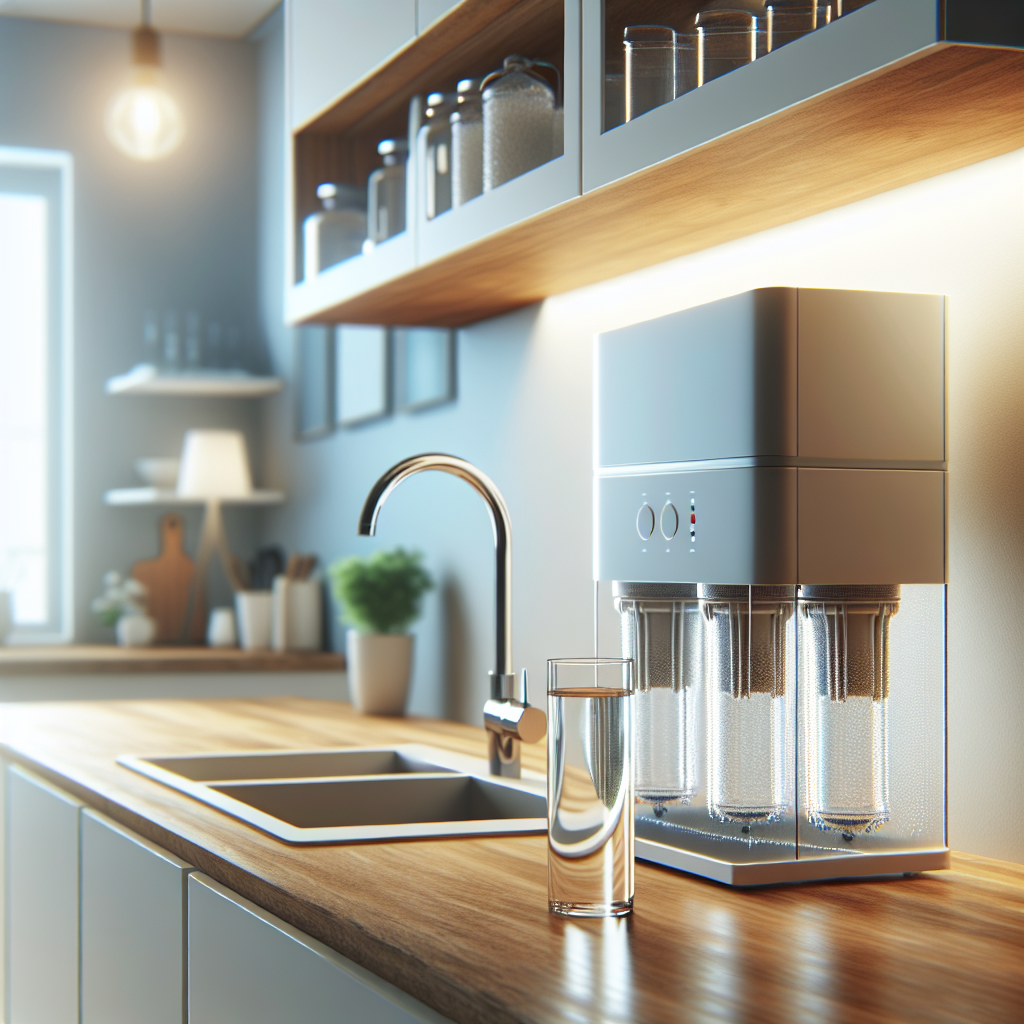 A modern kitchen with an under sink reverse osmosis system installed, showing clear glass of purified water on the counter