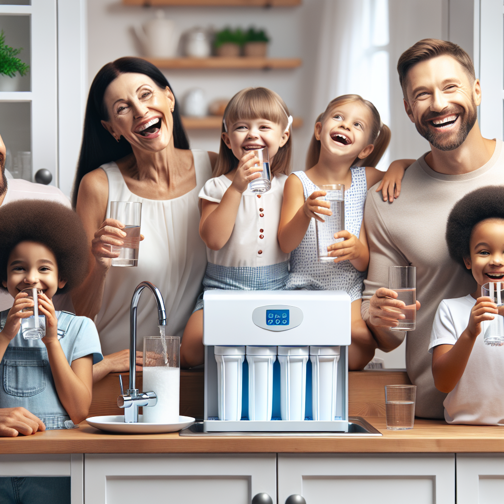 A family happily drinking purified water from a modern reverse osmosis system installed under the kitchen sink