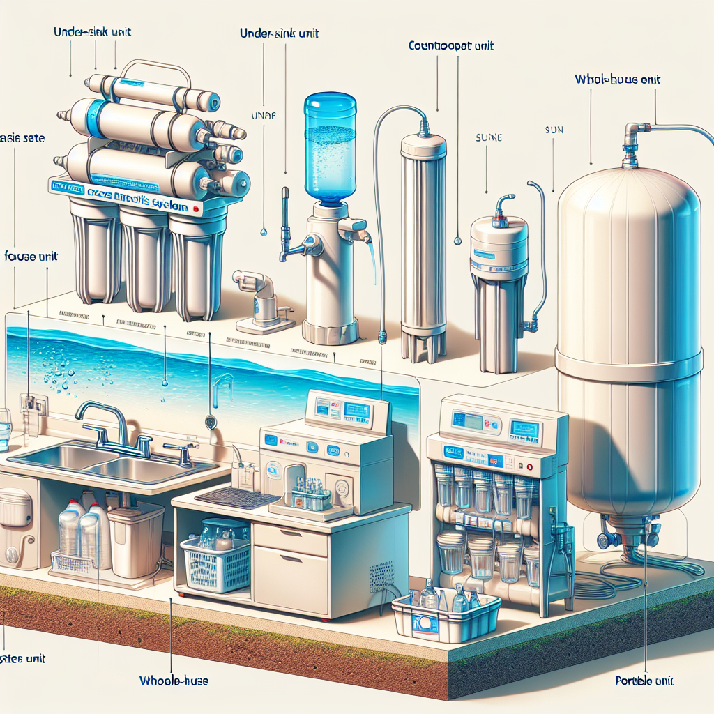 A visual comparison of different types of reverse osmosis systems including under sink, countertop, whole house, and portable units