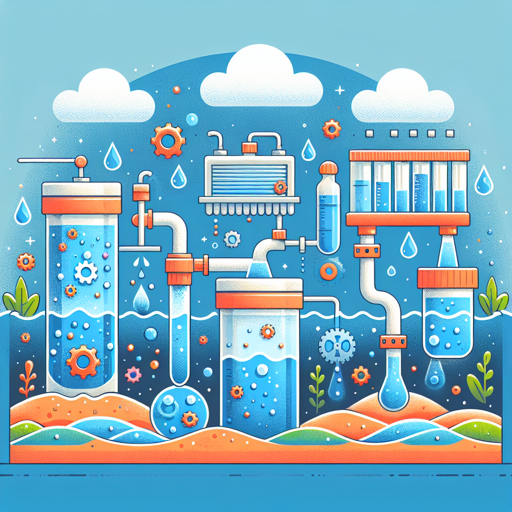 A vibrant illustration showing various water purification processes including filtration, chemical dosing systems, and disinfection methods