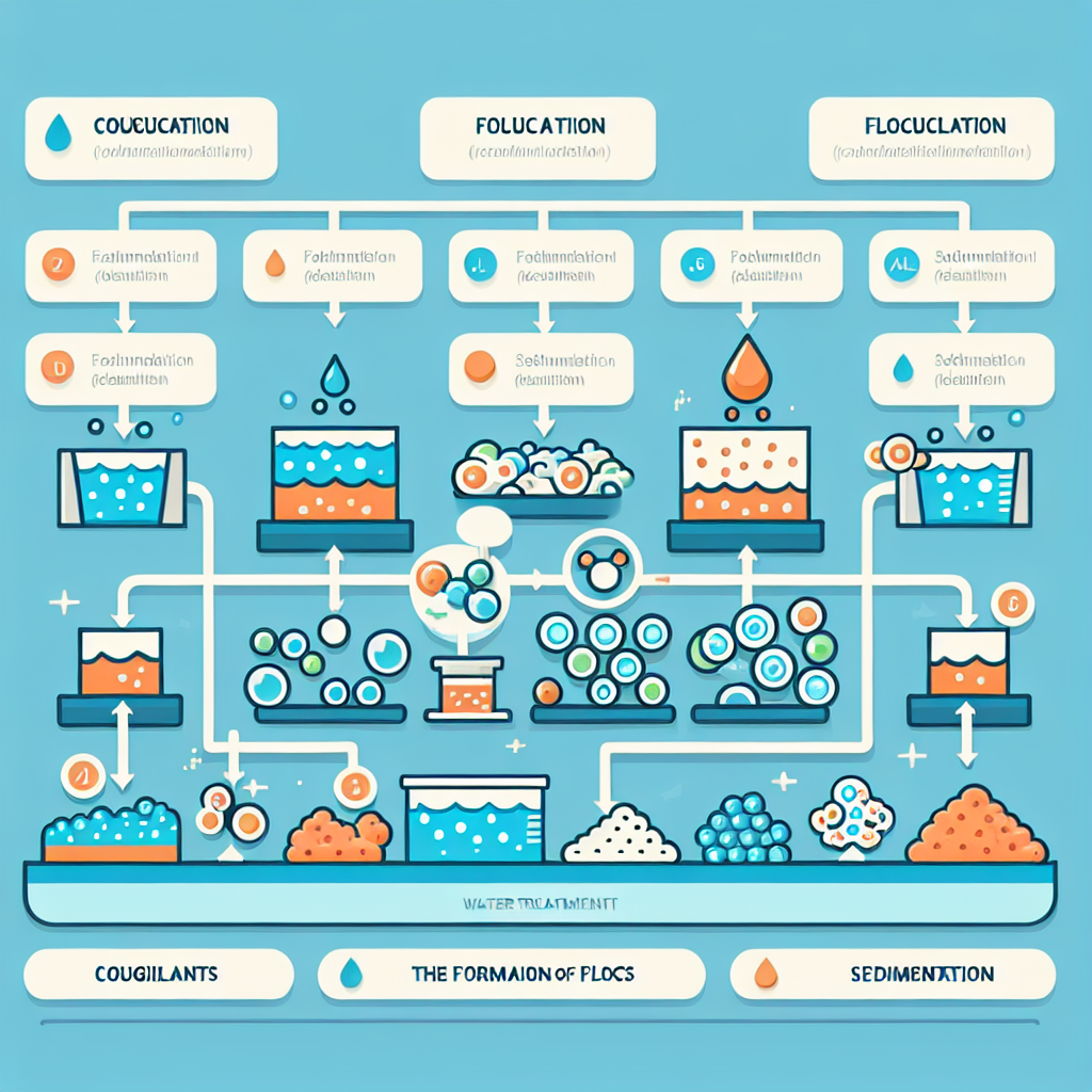 A diagram illustrating coagulation and flocculation processes in water treatment with labeled parts showing coagulants, flocs formation, and sedimentation