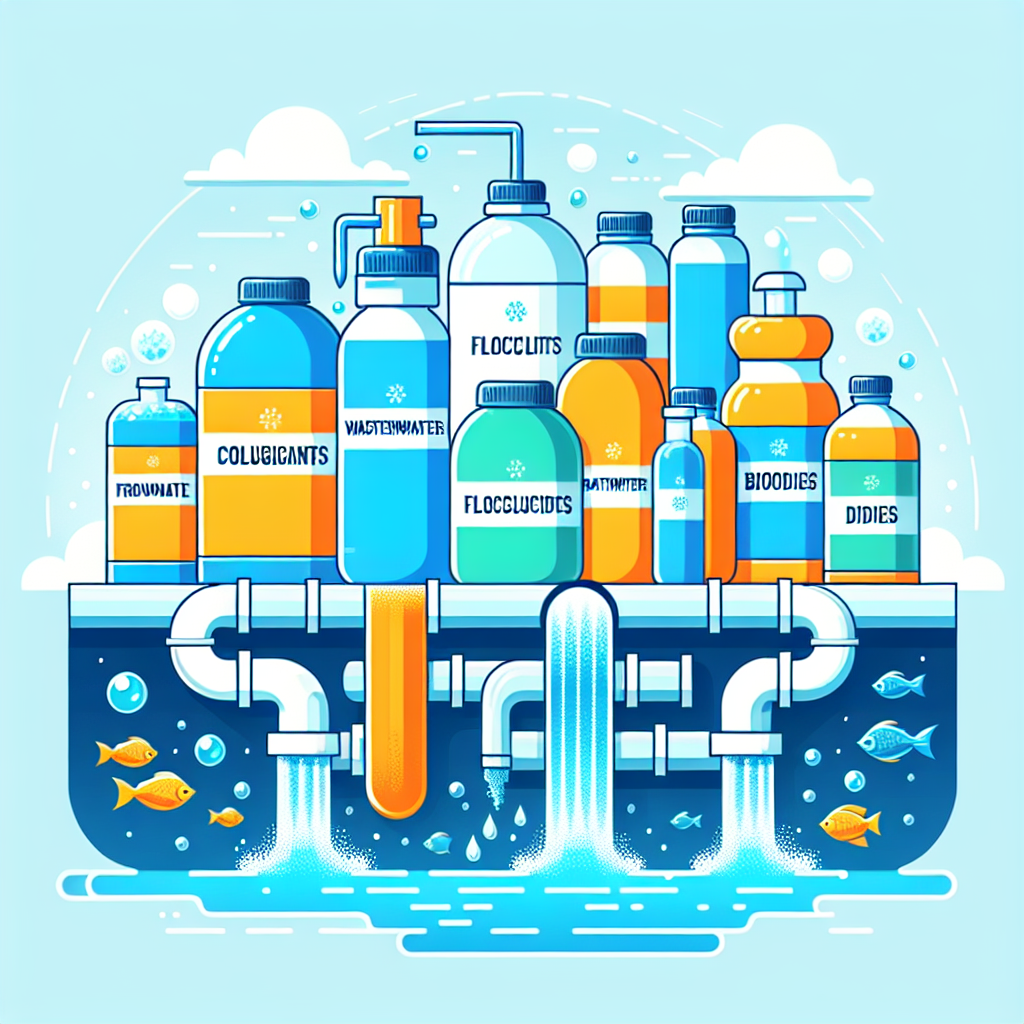 A vibrant illustration showing various wastewater treatment chemicals like coagulants, flocculants, biocides arranged artistically with pipes and treated water flowing