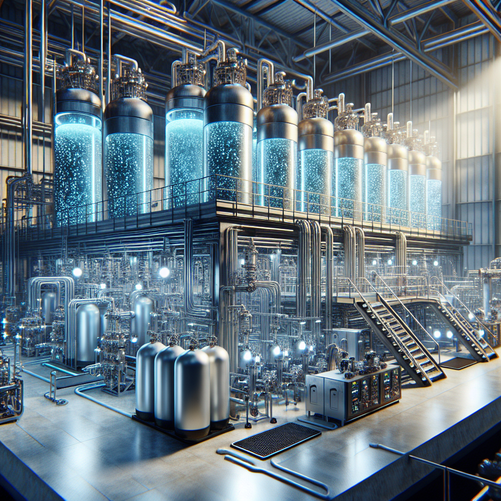 An industrial water treatment facility showcasing advanced oxidation processes with visual representation of ozone generation and UV light systems