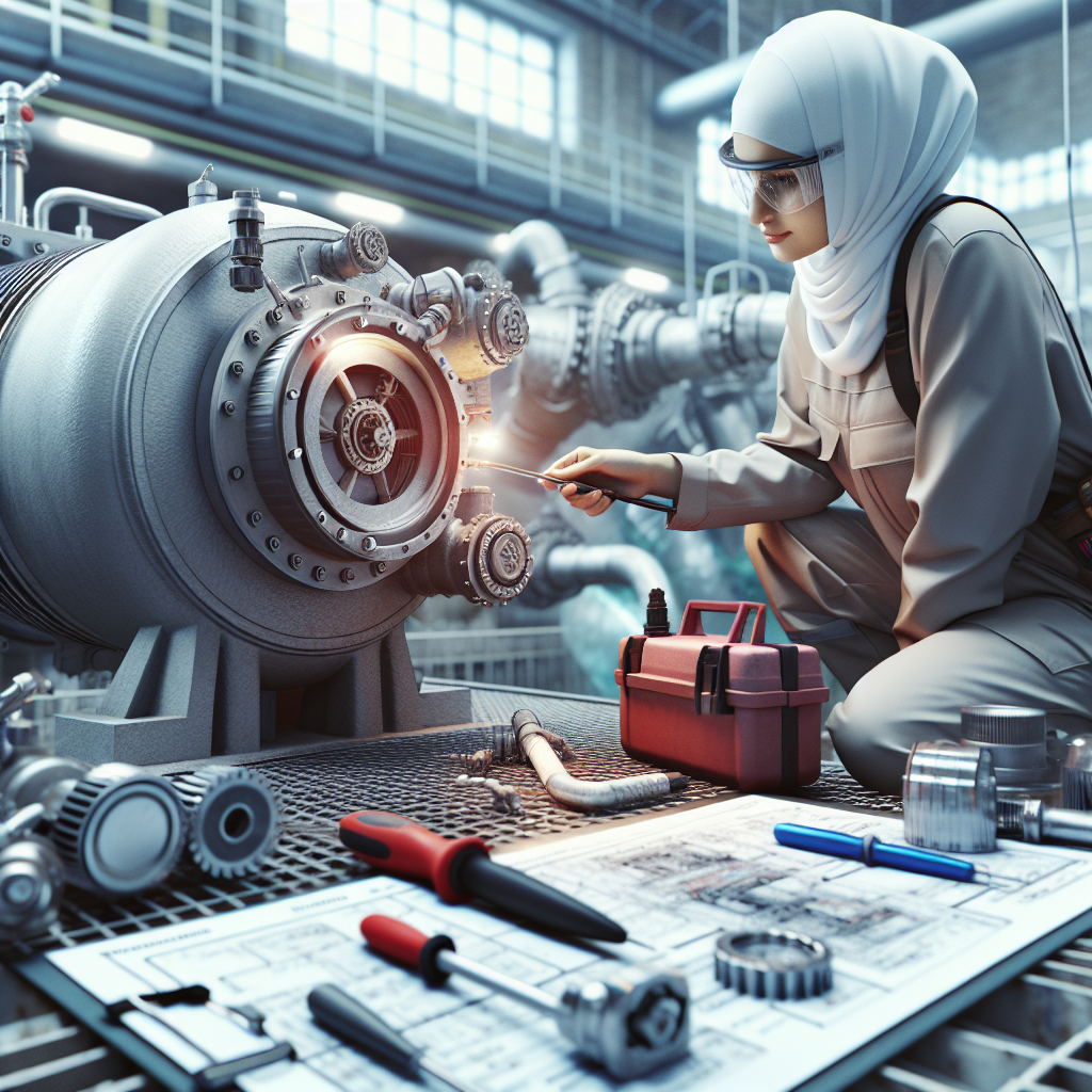 A technician performing maintenance on a positive displacement blower in a wastewater treatment facility, showcasing tools and equipment used for inspections