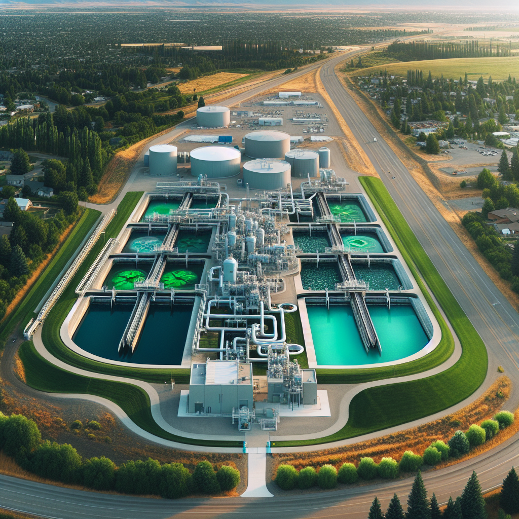 Aerial view of a modern wastewater treatment plant in Clark County, showcasing advanced filtration systems and green landscaping