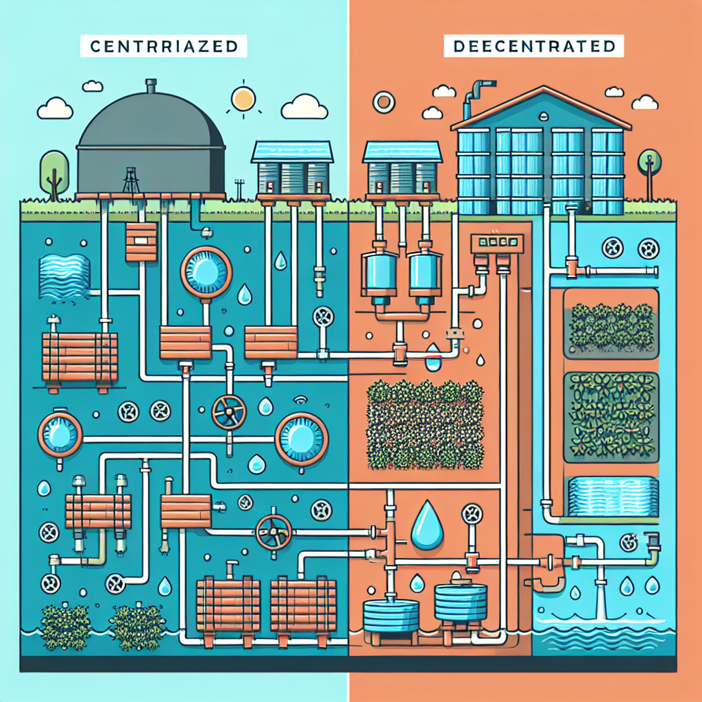 A visual representation contrasting centralized and decentralized water distribution systems with pipes, tanks, and natural sources