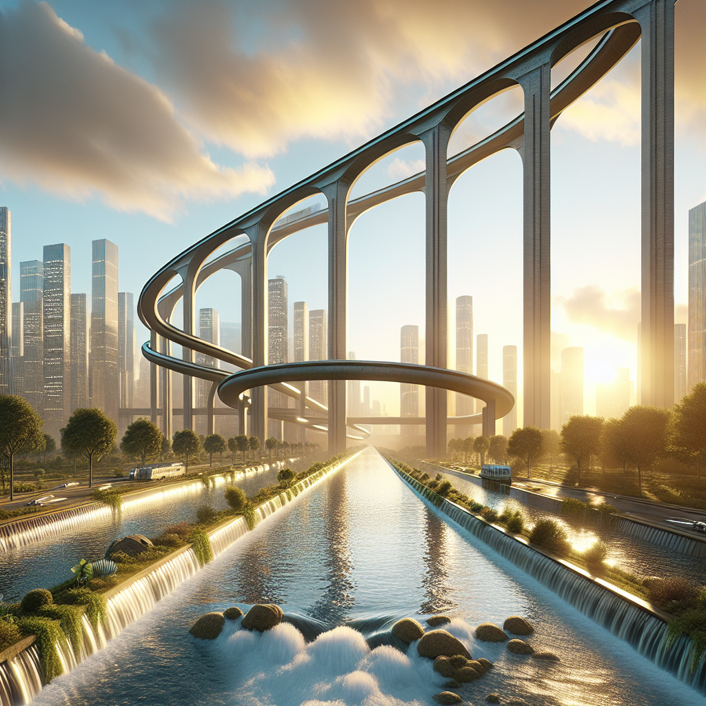 A modern aqueduct transporting clean water with urban skyline in background