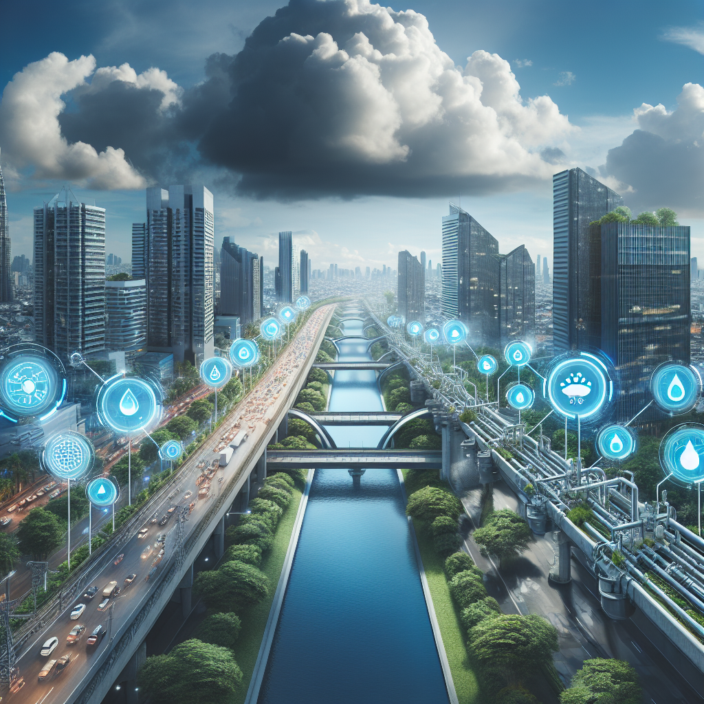 A modern urban landscape showcasing sustainable water distribution practices with visible smart technology installations like sensors and pipes