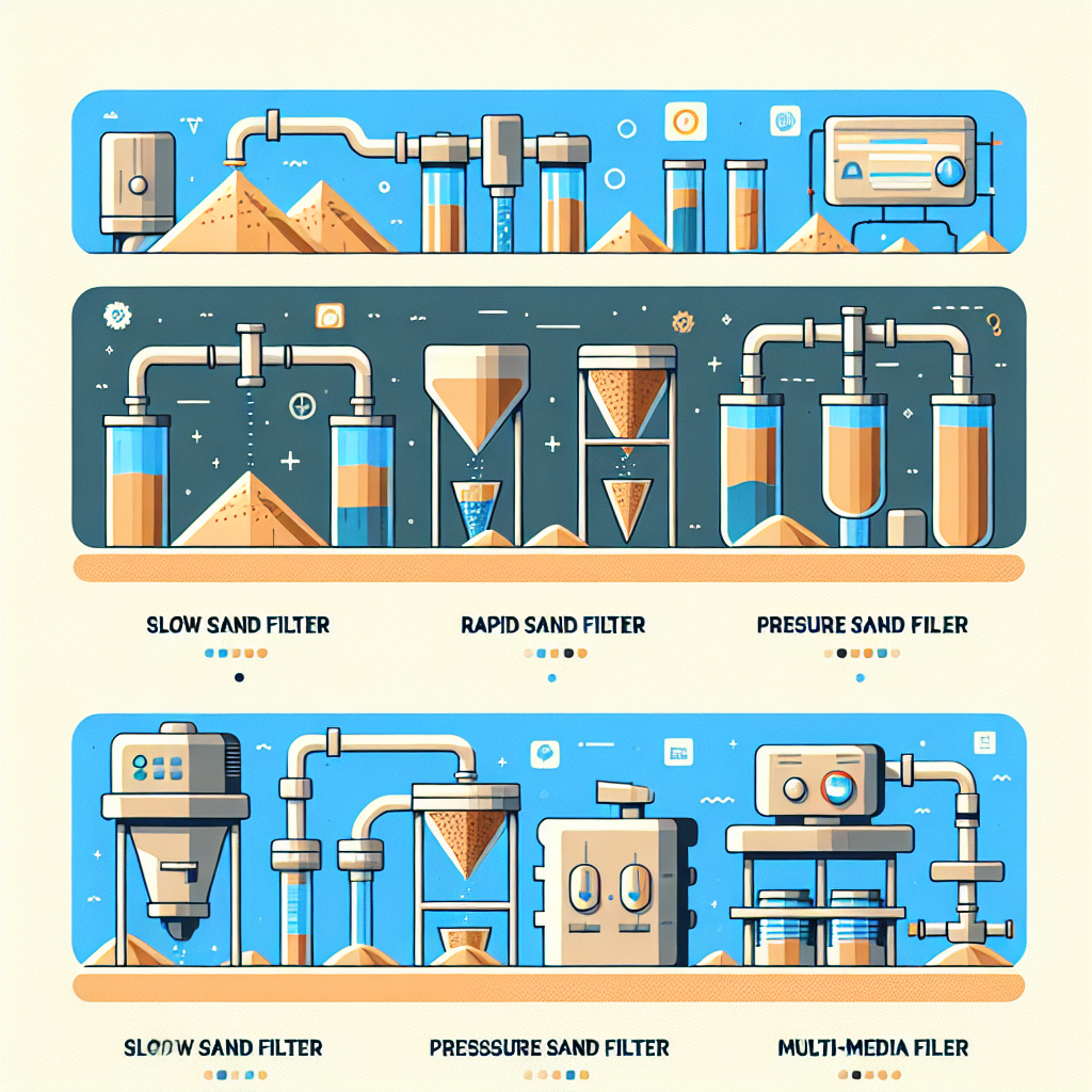 A comparison chart showing different types of sand filtration systems including Slow Sand Filter, Rapid Sand Filter, Pressure Sand Filter, and Multi-Media Filters