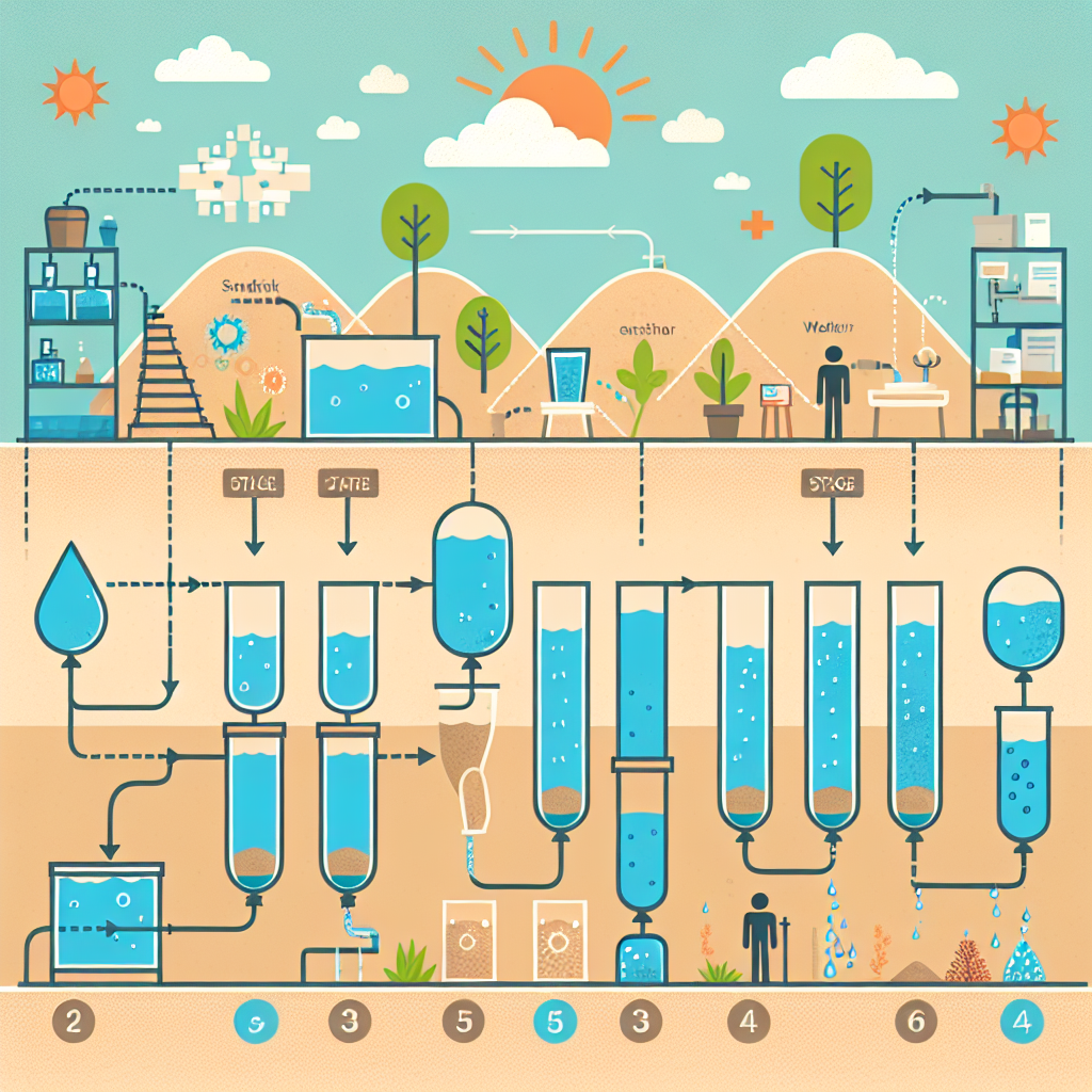 An infographic showing stages of the sand water filtration process with labeled diagrams for each stage