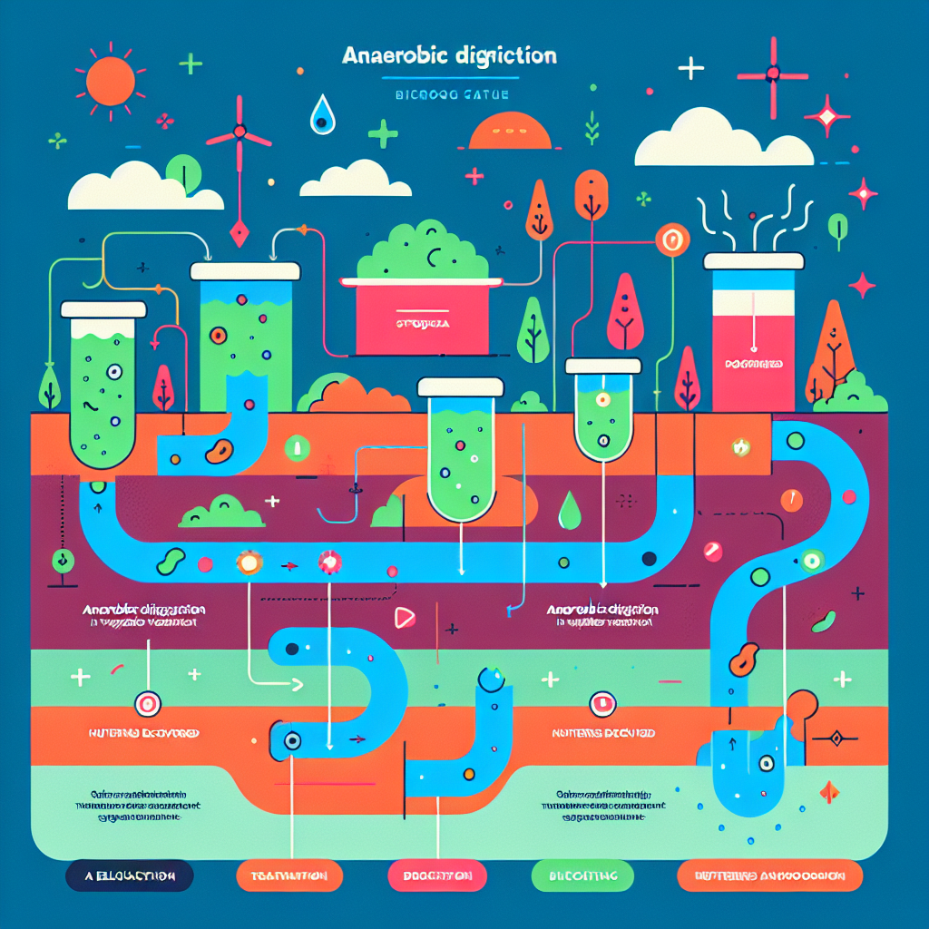 A vibrant infographic illustrating the process of anaerobic digestion in wastewater treatment, showing sludge transformation into biogas and nutrient recovery