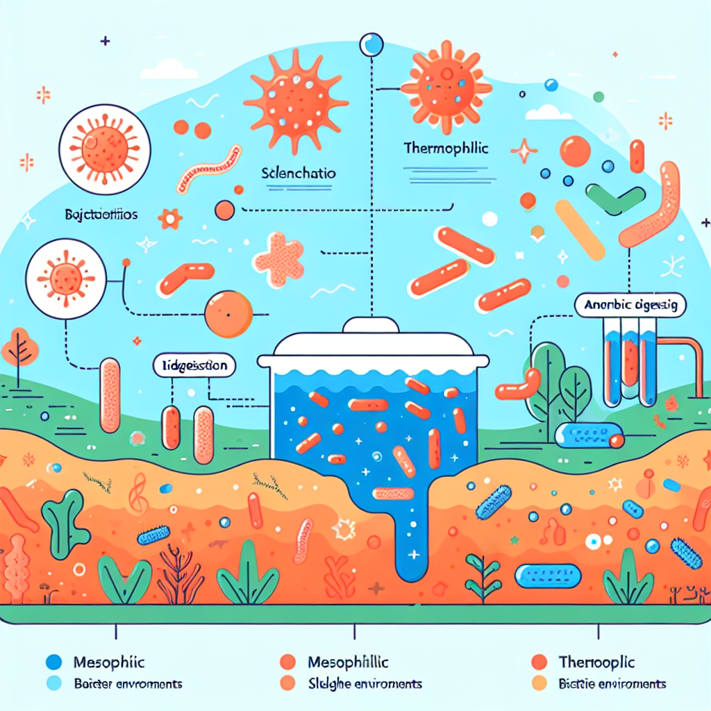 A vibrant illustration showing anaerobic digestion processes with various bacteria types involved in sludge treatment, depicting mesophilic and thermophilic environments