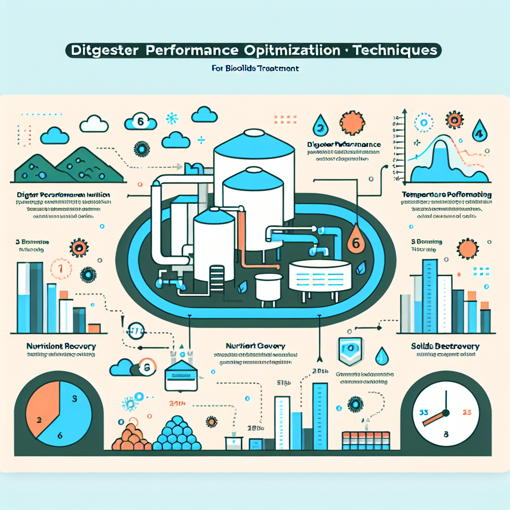 A detailed infographic illustrating various digester performance optimization techniques for biosolids treatment, featuring temperature control, nutrient recovery, and solids destruction rates.