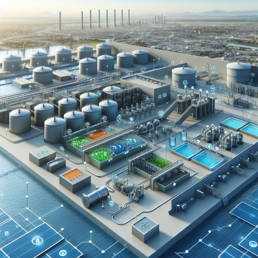 A modern wastewater treatment facility showcasing anaerobic digesters and energy recovery systems in action