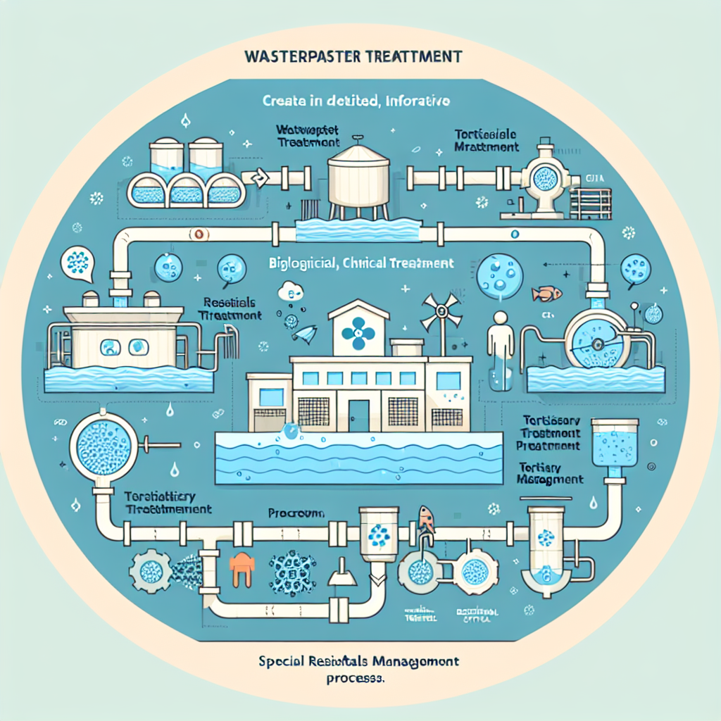A detailed diagram illustrating various wastewater treatment processes including biological, chemical, and tertiary treatments with emphasis on residuals management