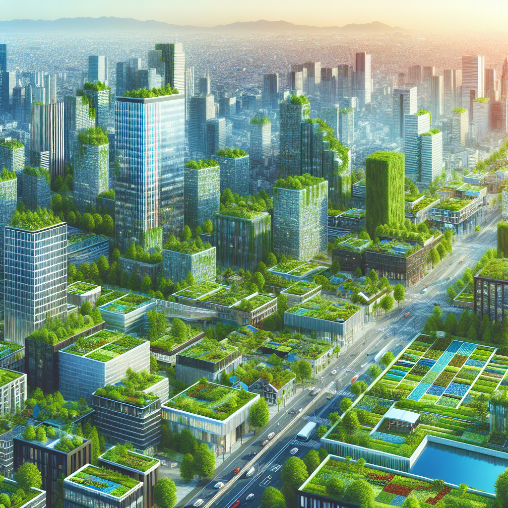 A vibrant city landscape featuring various types of green infrastructure such as rain gardens, permeable pavements, and green roofs
