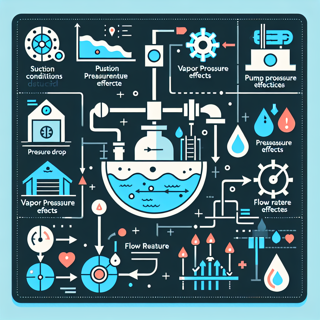 A diagram illustrating causes of pump cavitation including suction conditions, pressure drop, vapor pressure effects and flow rate relationships in a water treatment system