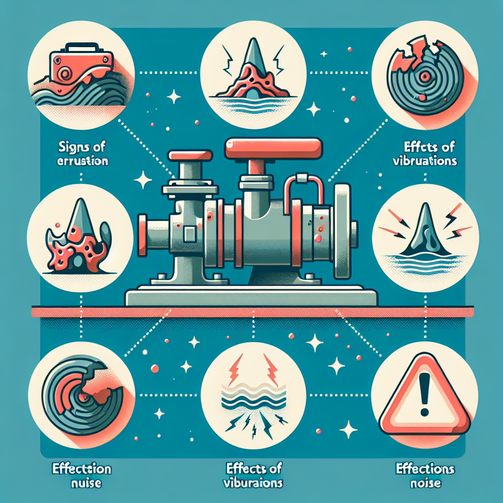 An illustration showing different types of damage caused by cavitation in pumps including erosion, vibration effects, and noise indicators