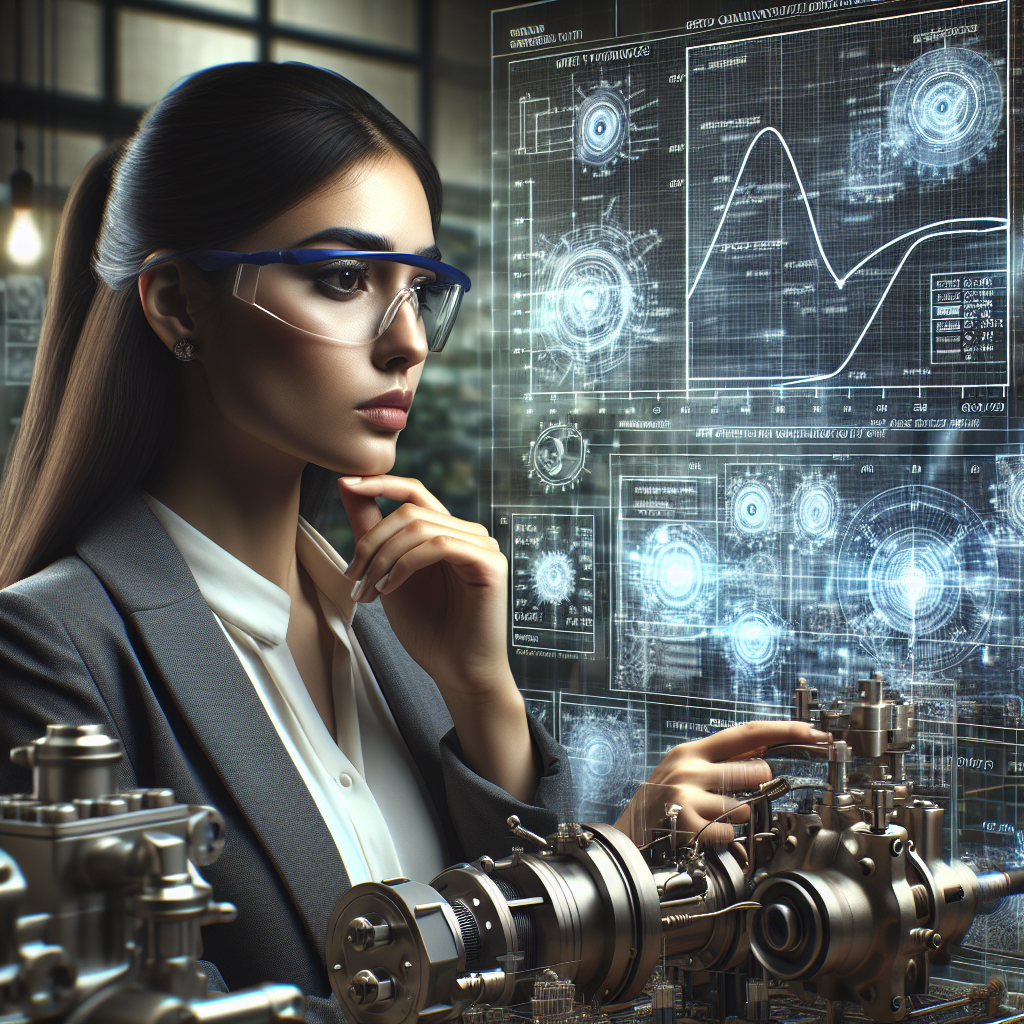 An engineer analyzing pump performance data with graphs showing pressure and flow rate correlations, surrounded by various pump components